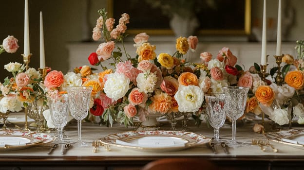 Elegant royal dining table adorned with luxurious floral arrangements for wedding or event, vintage tableware, and candles in a classic English countryside manor, creating a romantic and sophisticated atmosphere idea