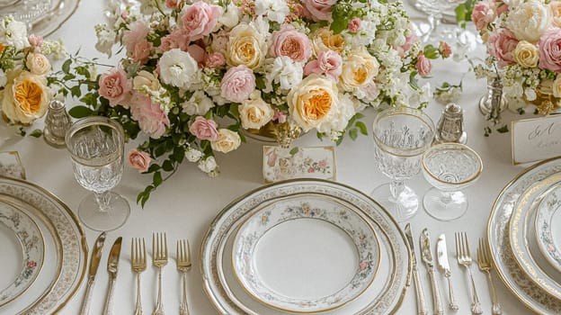 Elegant royal dining table adorned with luxurious floral arrangements for wedding or event, vintage tableware, and candles in a classic English countryside manor, creating a romantic and sophisticated atmosphere idea