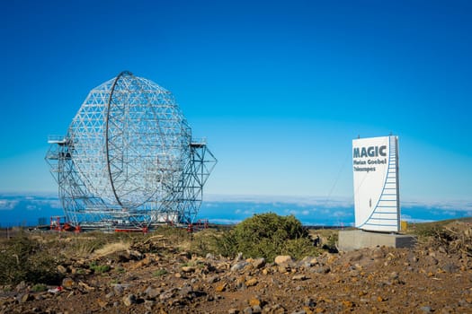Roque de los Muchachos Observatory, La Palma, Canary Islands, Spain, January 13th 2025: View on Magic Florian Goebel Telescope on La Palma