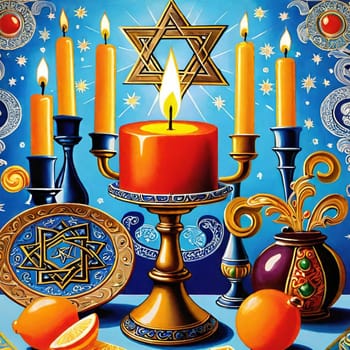 jewish star of david candles oranges passover holiday. High quality 3d illustration