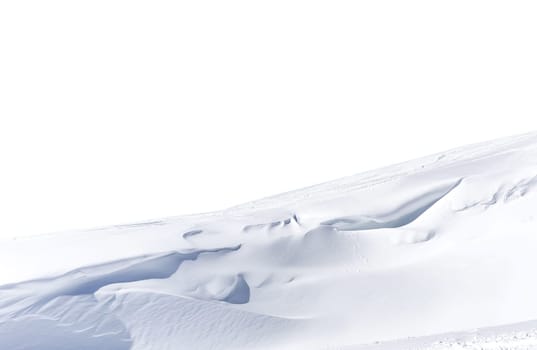 Panorama of winter mountains covered in snow isolated on white background. Mountain peaks in winter