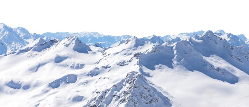 Panorama of winter mountains covered in snow isolated on white background. Mountain peaks in winter