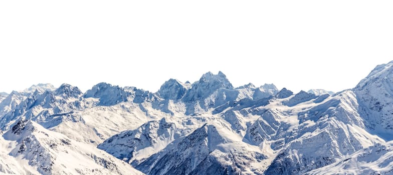 Panorama of winter mountains covered in snow isolated on white background. Mountain peaks in winter