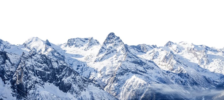 Panorama of winter mountains covered in snow isolated on white background. Mountain peaks in winter