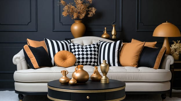 A beautifully decorated living room showcases a cream-colored sofa adorned with black and gold cushions - Generative AI