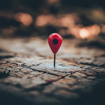 A red pin is on a map. The pin is red and has a black dot in the center
