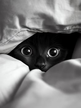 A black cat is peeking out from under a blanket. The cat has big eyes and is looking at the camera