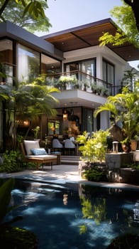 A contemporary villa nestled among vibrant plants features a tranquil pool. Bright sunlight enhances the peaceful atmosphere and lush surroundings - Generative AI