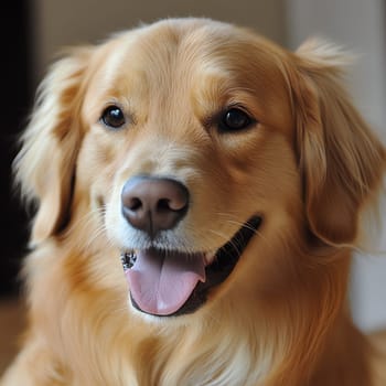 A golden retriever with a pink tongue is smiling. The dog has a black nose and is looking at the camera