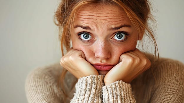 A woman with brown hair and blue eyes is looking down. She is wearing a sweater and has her hands on her knees