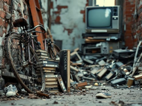 Old rusty bicycle leaning on brick wall with stack of books and vhs tapes, old tv and pile of electronic waste in abandoned building. Ai generated
