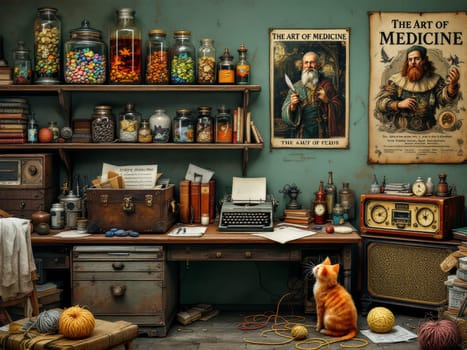 Ginger cat looking up in vintage doctor's office, surrounded by medical books, jars, typewriter, radio and posters about the art of medicine. Ai generated
