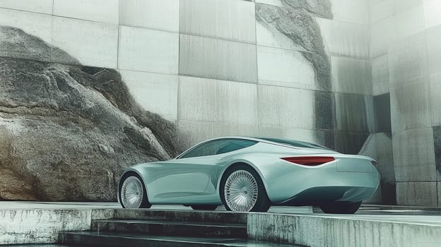 Modern silver sportscar is parked in front of a large concrete wall with a rocky cliff behind it. The image evokes feelings of luxury, wealth, and affluence