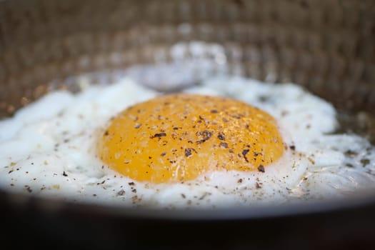 A delicious fried egg featuring a perfectly cooked yolk, seasoned with various spices