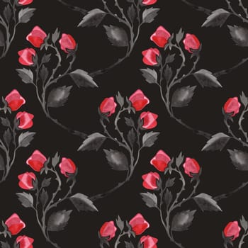 Pink roses with black stems in glamorous and gothic style. 90s and 00s aesthetics. Seamless watercolor pattern for wrapping paper and textiles for Valentine's Day