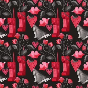 Watercolor seamless pattern for Valentine's Day in the aesthetics of glamorous girly American movies of the late 90s and early 2000s. Pink and black tones, lingerie, roses, fans, mobile phones, strawberries, hearts, kisses