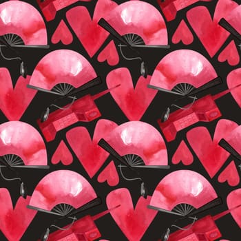 Watercolor seamless pattern for Valentine's Day in the aesthetics of glamorous girly American movies of the late 90s and early 2000s. Pink and black tones, lingerie, roses, fans, mobile phones, strawberries, hearts, kisses