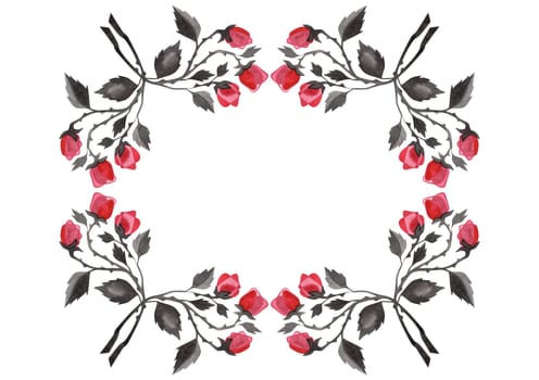 Oval wreath of pink roses with black leaves. Floral wreath for graphic design. Isolated watercolor illustration