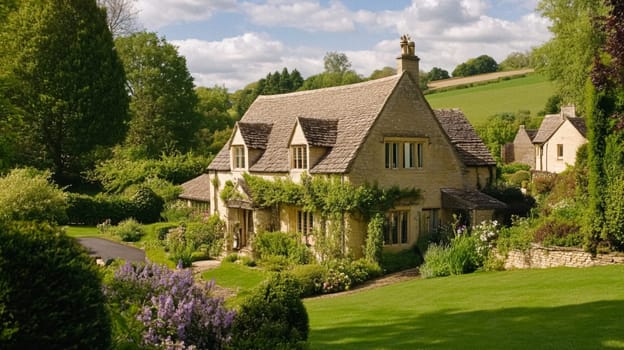 Cotswolds cottage and garden in the English countryside style, modern architecture and design idea