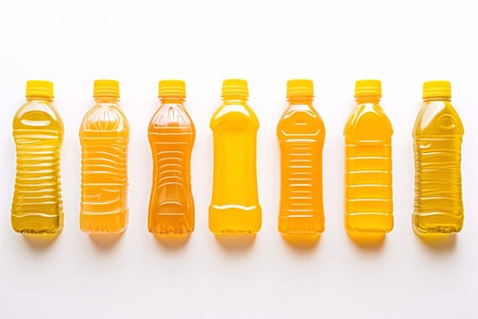 Plastic bottles filled with different types of vegetable oil. Concept of harvest and healthy food. Top view.