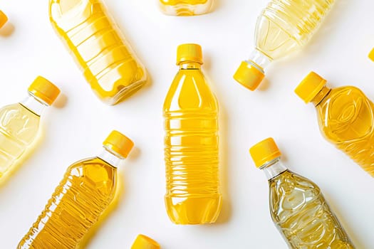 Plastic bottles filled with different types of vegetable oil. Concept of harvest and healthy food. Top view.