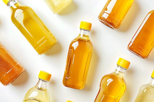 Plastic bottles filled with different types of vegetable oil. Concept of harvest and healthy food. Top view.