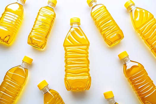 Plastic bottles filled with different types of vegetable oil. Concept of harvest and healthy food. Top view.
