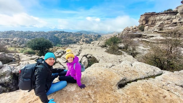 Smiling hikers in the Torcal de Antequera nature park. General view