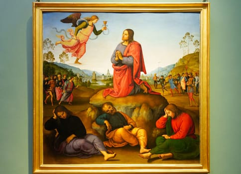 Florence, Italy, January 4, 2024: The agony in the garden. Pietro Vannucci, Perugino. Uffizi Gallery