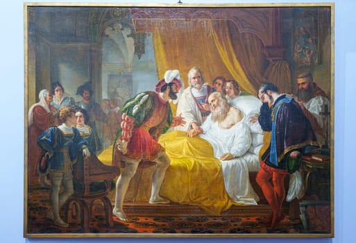 Florence, Italy, January 5, 2024: Leonardo da Vinci, old and mortally ill expires in the arms of Francesco I. Cesare Mussini. Accademia Gallery