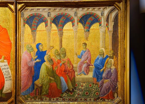 Siena, Italy, January 3, 2024: Christ among the doctors. Duccio Room. Museum of the Cathedral's Work