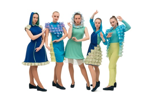 Young dancers in colorful dresses full-length isolated shot
