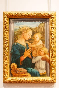 Florence, Italy, January 4, 2024: Madonna and child with two angels. Filippo Lippi. Uffizi Gallery