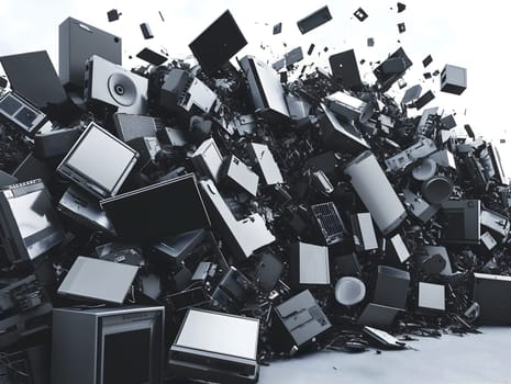 Large heap of discarded electronic devices, including computers, televisions, and speakers. The black and white composition emphasizes the growing issue of e-waste and environmental pollution caused by technology disposal.