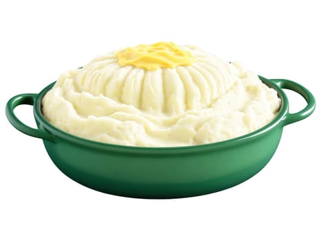 Mashed potatoes, fluffy whipped white potatoes, pat of melting butter in crater, in green ceramic dish, dynamic isolated image.