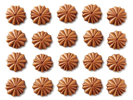 Pecan Pralines Glistening pecan pralines in caramel sauce, arranged artfully with pecans on transparent backdrop.