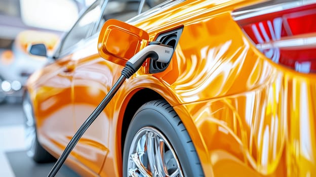 Orange electric car charging at station, promoting sustainable transportation and eco-friendly technology