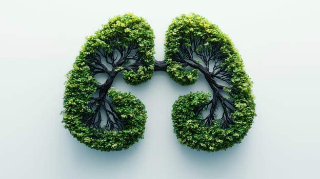 Lush green tree branches form the shape of healthy lungs, symbolizing clean air and respiratory health.