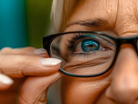 A detailed close-up of an elderly woman’s face as she adjusts her glasses, highlighting her sharp blue eye. The image represents vision, aging, eye care, and the importance of eyewear for clarity and focus.