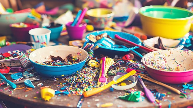 Colorful dishes, sprinkles, and leftover food create a chaotic scene on a table after a children's birthday party