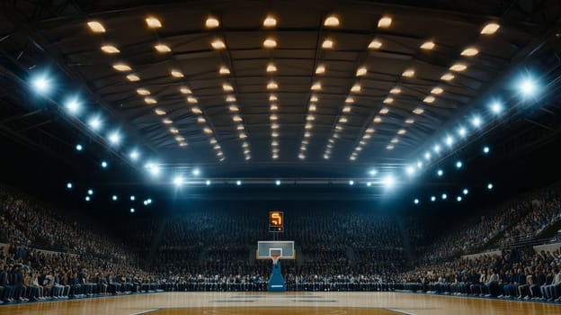 Empty basketball court illuminated by spotlights in a large indoor arena full of spectators ready for the game to start