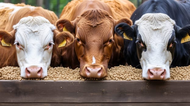 Three cows enjoying their meal at a farm, showcasing modern livestock practices