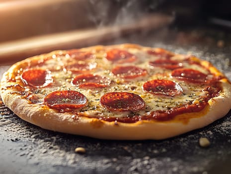 A steaming pepperoni pizza with golden crust, bubbling cheese, and rich tomato sauce sits on a rustic surface. The warm lighting enhances its delicious texture, evoking the essence of homemade and traditional Italian cuisine.