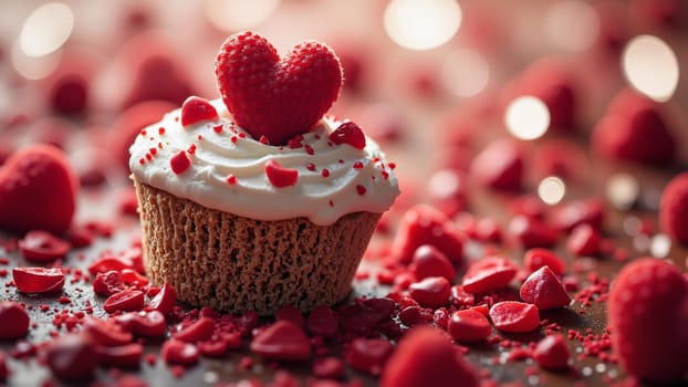 A cupcake with a heart on top of it is covered in red sprinkles. The cupcake is placed on a table with a red background. Concept of love and warmth