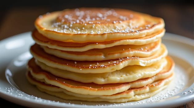 A stack of pancakes with powdered sugar on top. The pancakes are piled on top of each other on a white plate