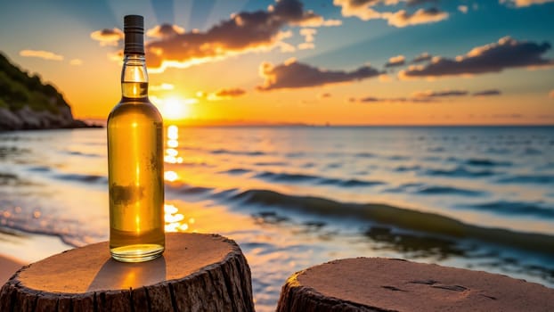 A bottle of alcohol is sitting on a log on a beach. The bottle is half full and the sun is setting in the background. The scene is peaceful and relaxing