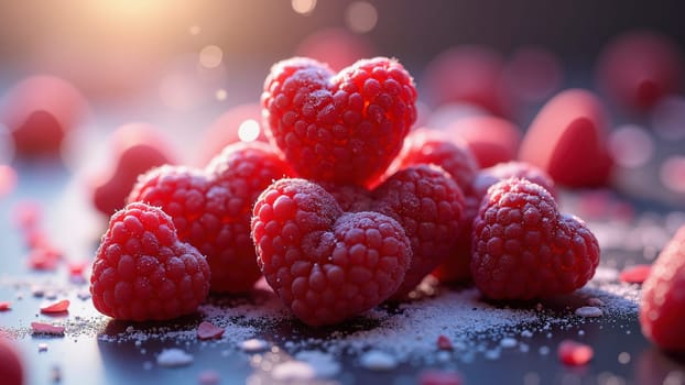 A bunch of red raspberries are arranged in the shape of hearts. Concept of love and affection, as the heart-shaped raspberries are a symbol of love and romance