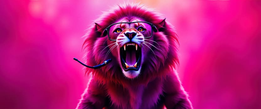 A lion with a pair of glasses and a microphone in its mouth. The lion is in a pink background