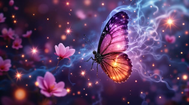A colorful butterfly is flying over a field of pink flowers. The butterfly is surrounded by a glowing, starry sky, giving the image a dreamy, ethereal quality