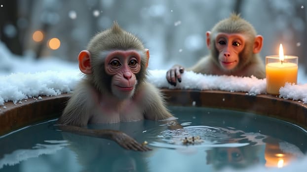 Two baby monkeys are in a bathtub with a candle. Scene is playful and lighthearted